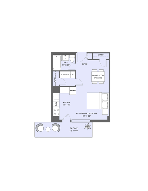 Floor plan for studio, 1 bath, 386 sqft